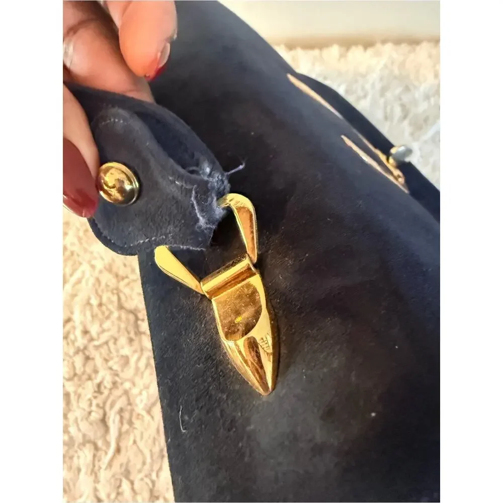 Vintage Saks Fifth Ave Classic Dark Blue Suede Top-Handle Bag with Gold Hardware